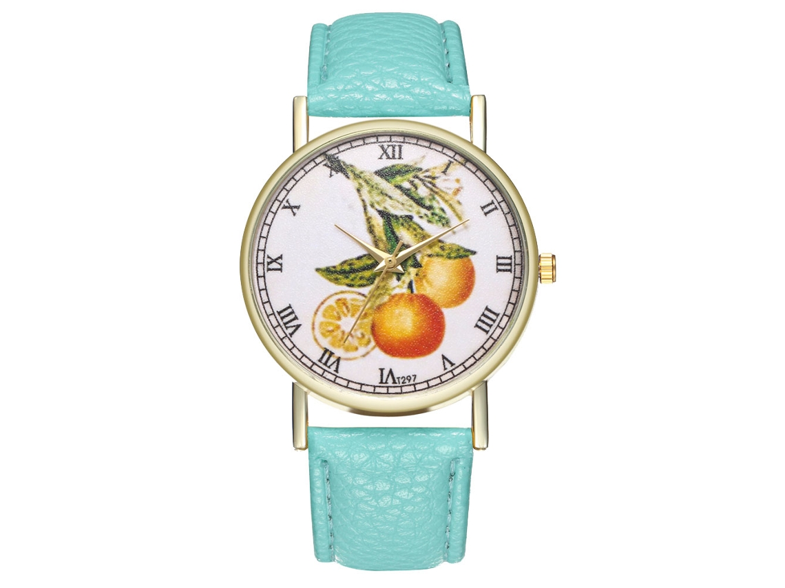 Relógio casual moderno para homens e mulheres com pulseira de couro, movimento de quartzo e design de frutas (verde menta)