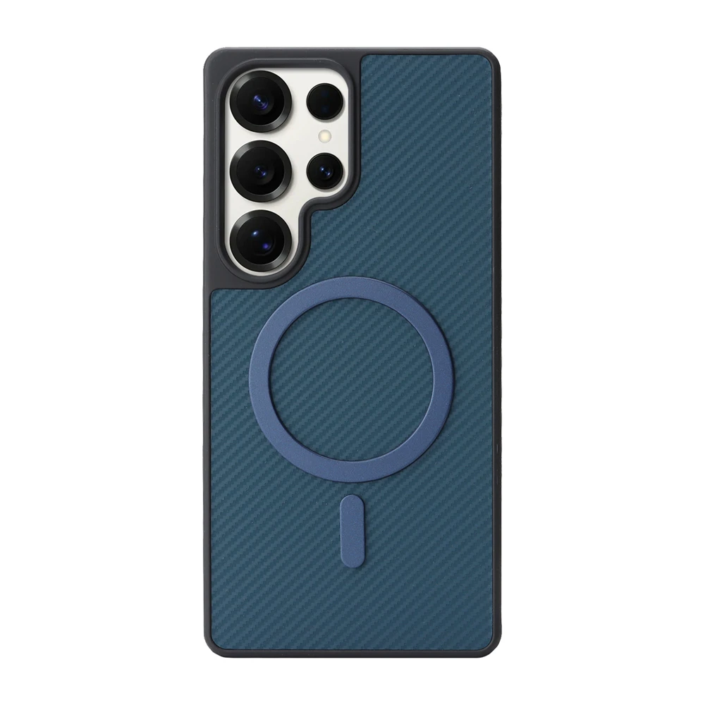 Capa Magnética Para Celular (galaxy S23 Ultra Azul) Em Couro Com Fibra De Carbono, Compatível Com Fixação Magnética.
