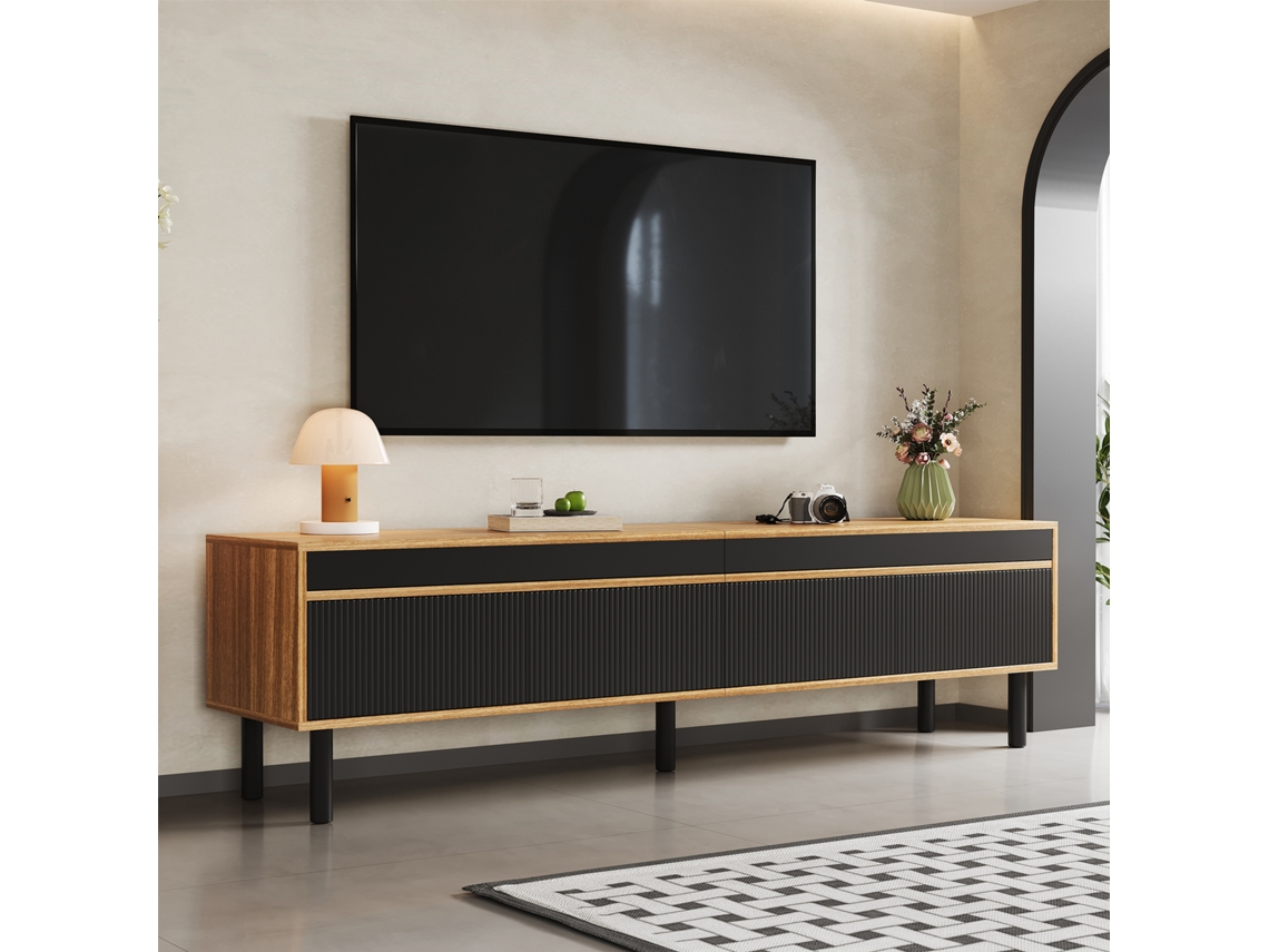 Armário Tv Madeira 170x38x47cm, 4 Portas, Preto/natural.-zz