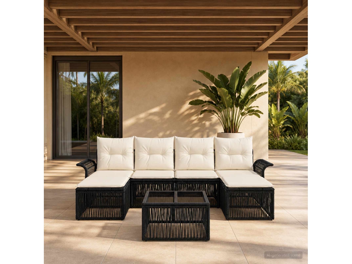 Vidaxl Conjunto De Sofá De Jardim 7 Unid. Preto Vime Pe