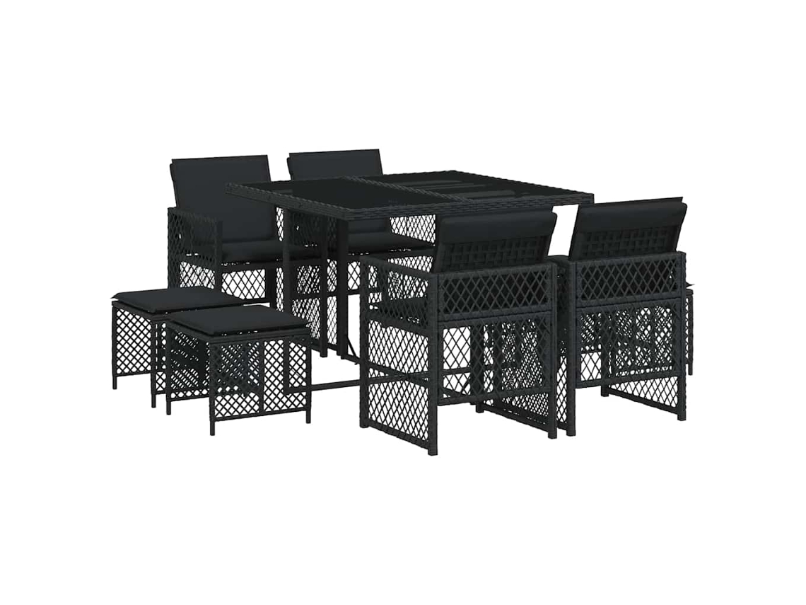 Conjunto de 9 Jantar para Jardim com Almofadões Vime Pe Preto MAISON EXCLUSIVE