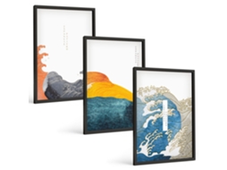 Conjunto De Pinturas Gráficos De Ondas Em Estilo Japonês Espelharte (3 Peças 40x60 Cm)