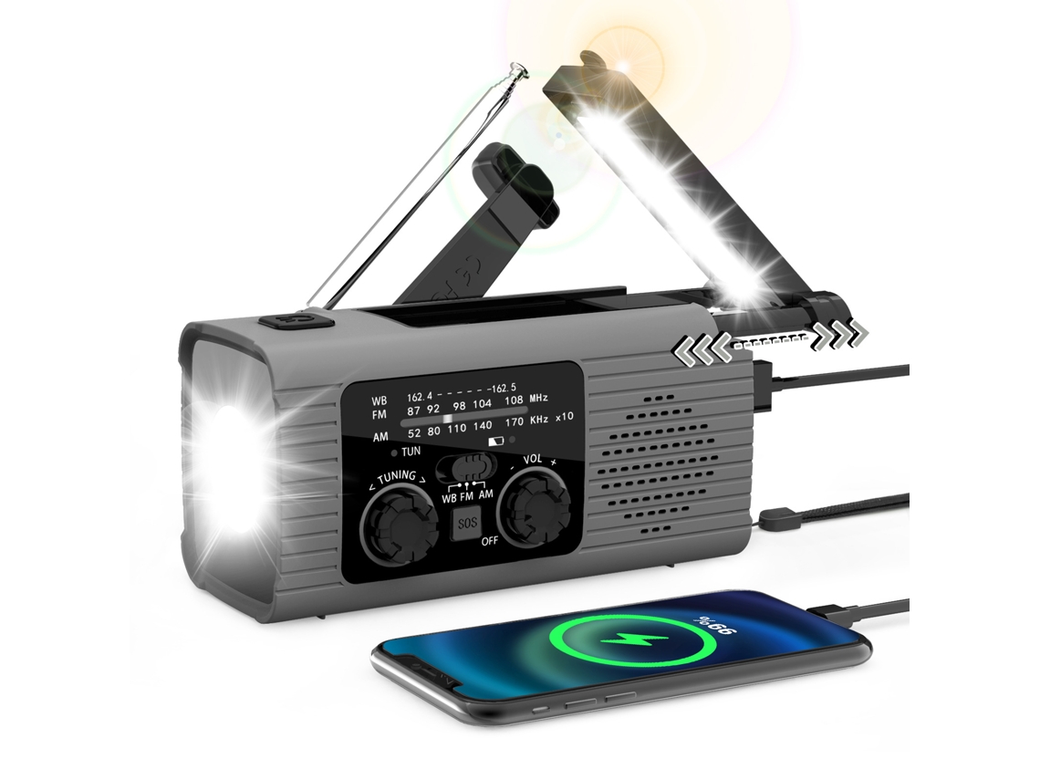 Rádio de Emergência HEXINYIGJLY 2000mAh Energia Solar, Manivela, AM/FM/NOAA, Carregamento USB Cinza