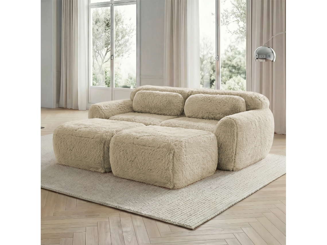 Sofá Modular 2 Lugares Tecido Felpudo Macio Chaise Longue Bege Claro MOBRIO