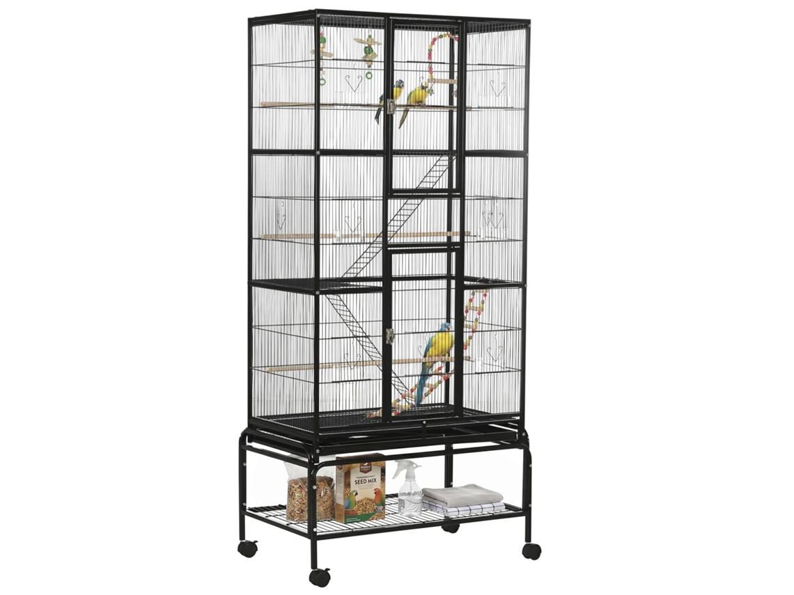 Gaiola Para Pássaros Com Rodas De 3 Níveis Com 3 Poleiros Comedouros Brinquedos Rampas E Prateleira 83x53x180 Cm Preto