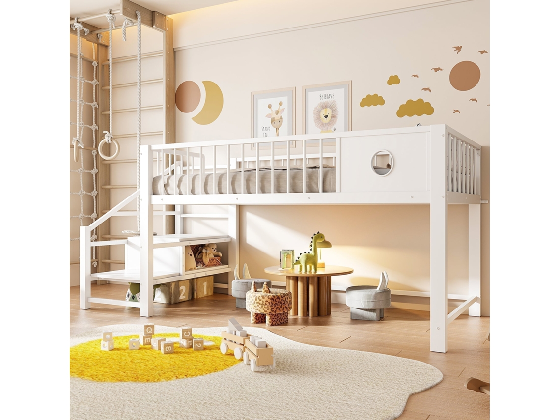 Cama mezanino baixa 90x200cm com escada com gavetas, estrutura metálica resistente, segurança 120kg branco KOMHTOM