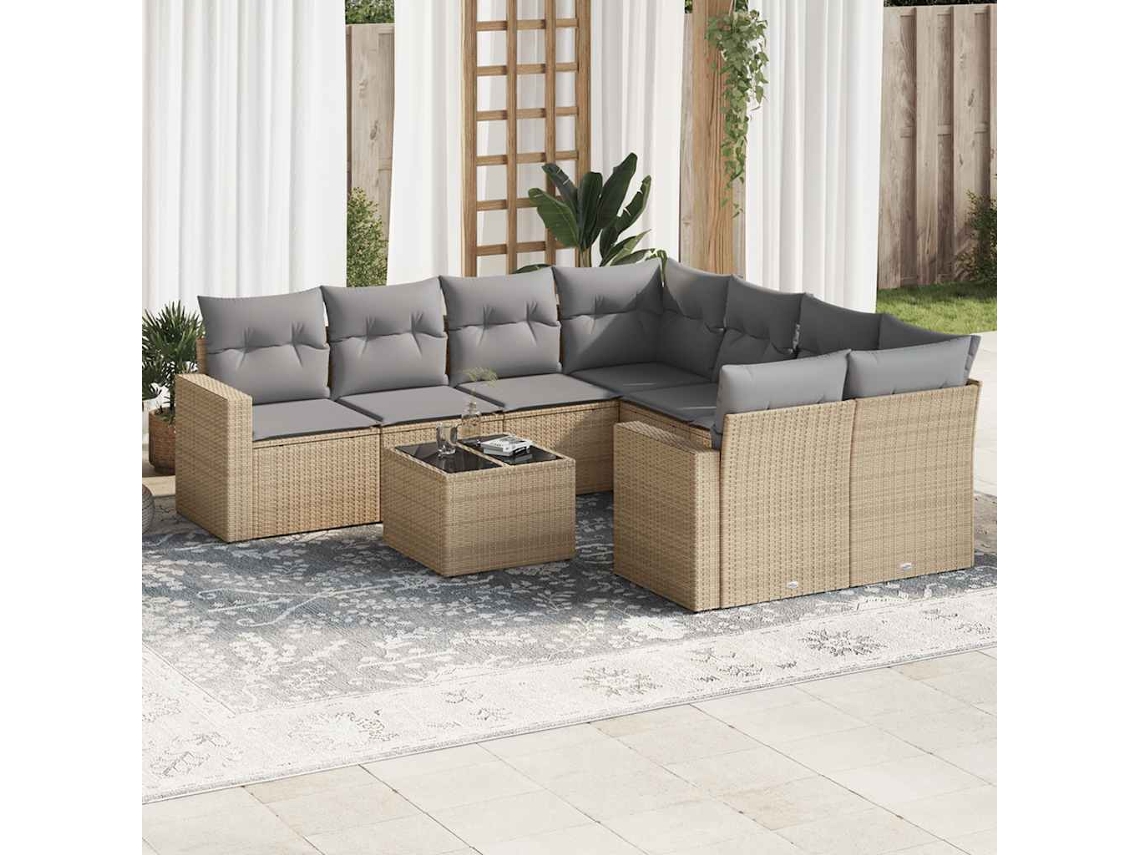 Vidaxl 9 Pcs Conjunto De Sofás P/ Jardim Com Almofadões Vime Pe Bege