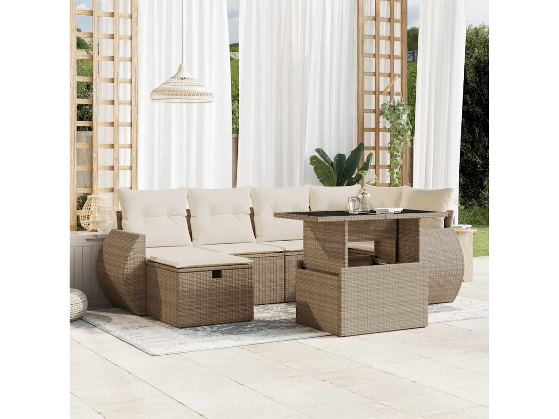 Vidaxl 7 Pcs Conjunto De Sofás P/ Jardim Com Almofadões Vime Pe Bege