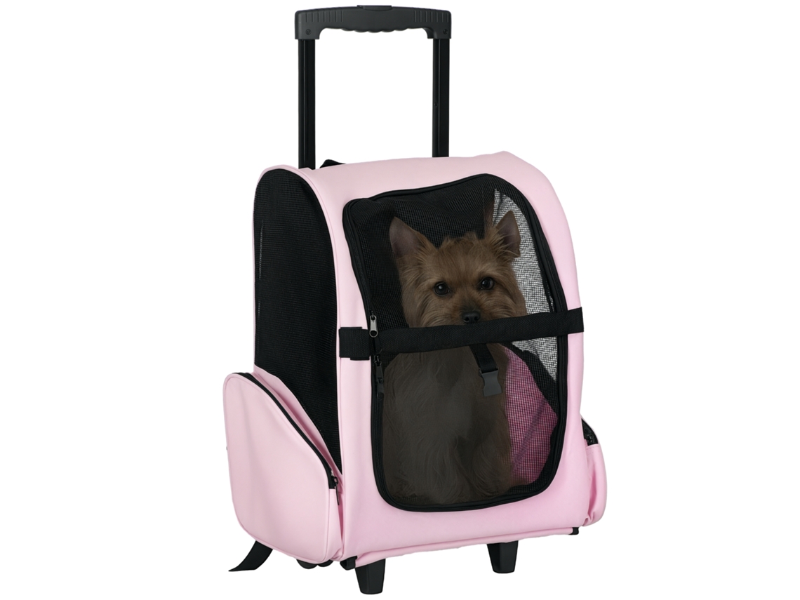 Transportadora 2 em 1 para Cães e Gatos com Bolsos Laterais, Alça Telescópica e Rodas, 42x25x55cm, Rosa Ge