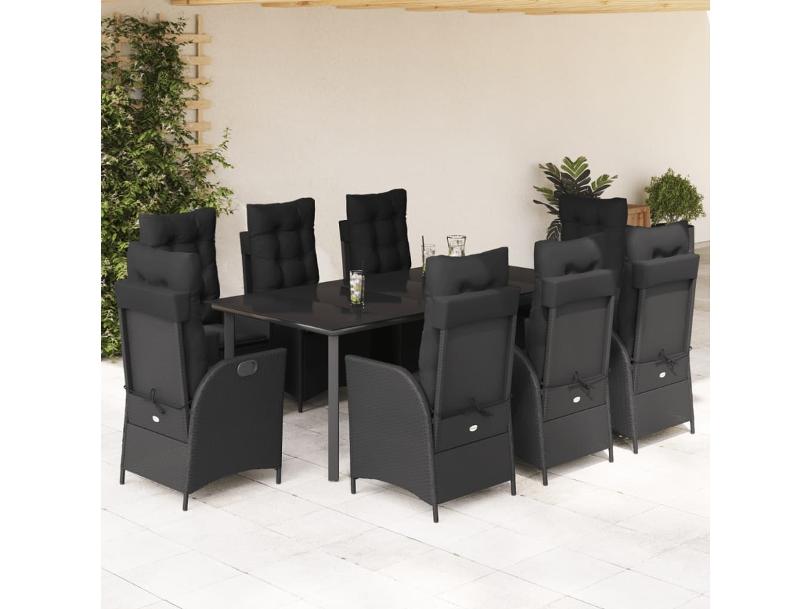 9 Pcs Conjunto De Jantar P/ Jardim C/ Almofadões Vime Pe Preto Dkd Home Decor