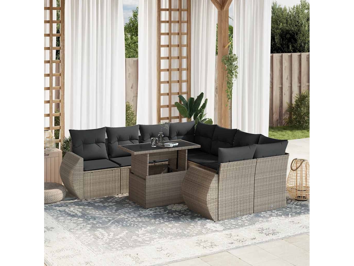 Vidaxl 9 Pcs Conj. Sofás Jardim Com Almofadões Vime Pe Cinzento-claro