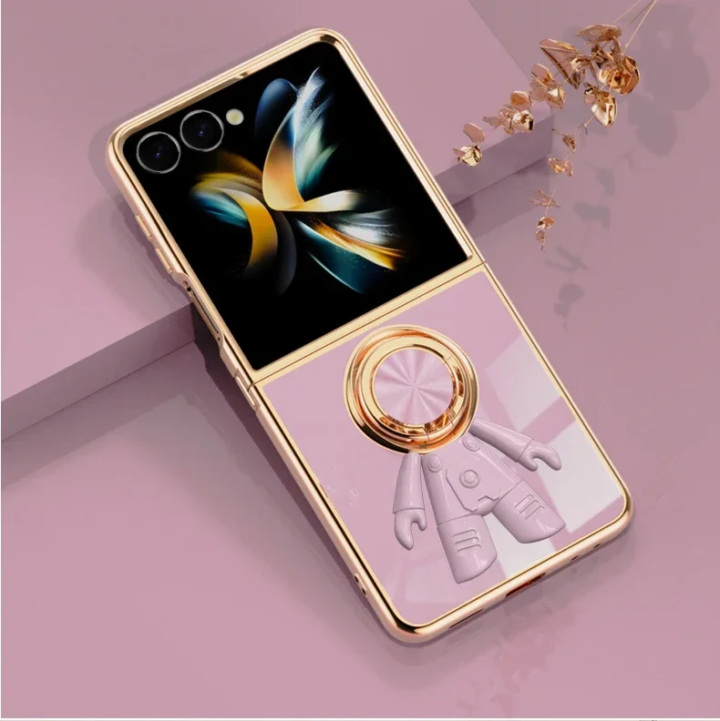 (roxo, Galaxy Z Flip7 Fe) Capa Elegante Com Acabamento Galvanizado, Estampa De Astronauta E Suporte De Anel Magnético