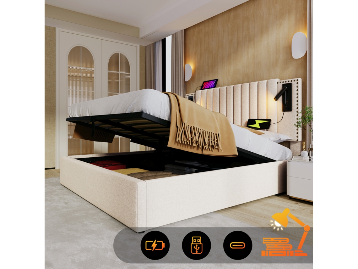 Cama Casal 180x200 Madeira Bege Com Gavetas E Luz Leitura Usb Sem Colchão