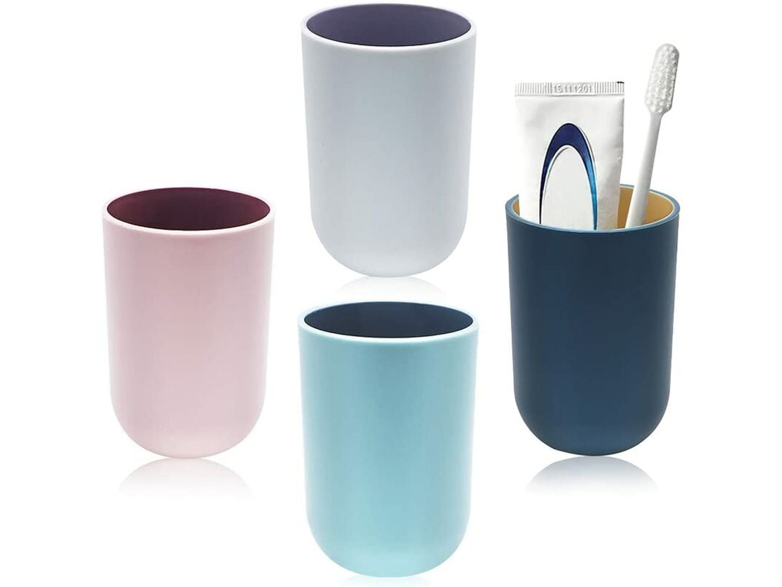 4 Copos de Plástico Reutilizáveis com Porta-Escovas de Dentes para Banheiro Cinza Claro Azul Escuro Rosa Claro Azul Claro NEVEANCE