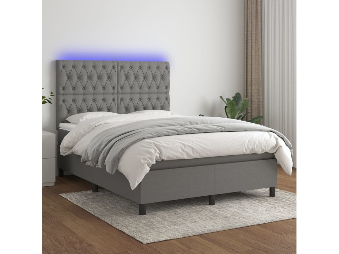 Cama box spring c/ colchão e LED 140x200 cm tecido cinza-escuro
