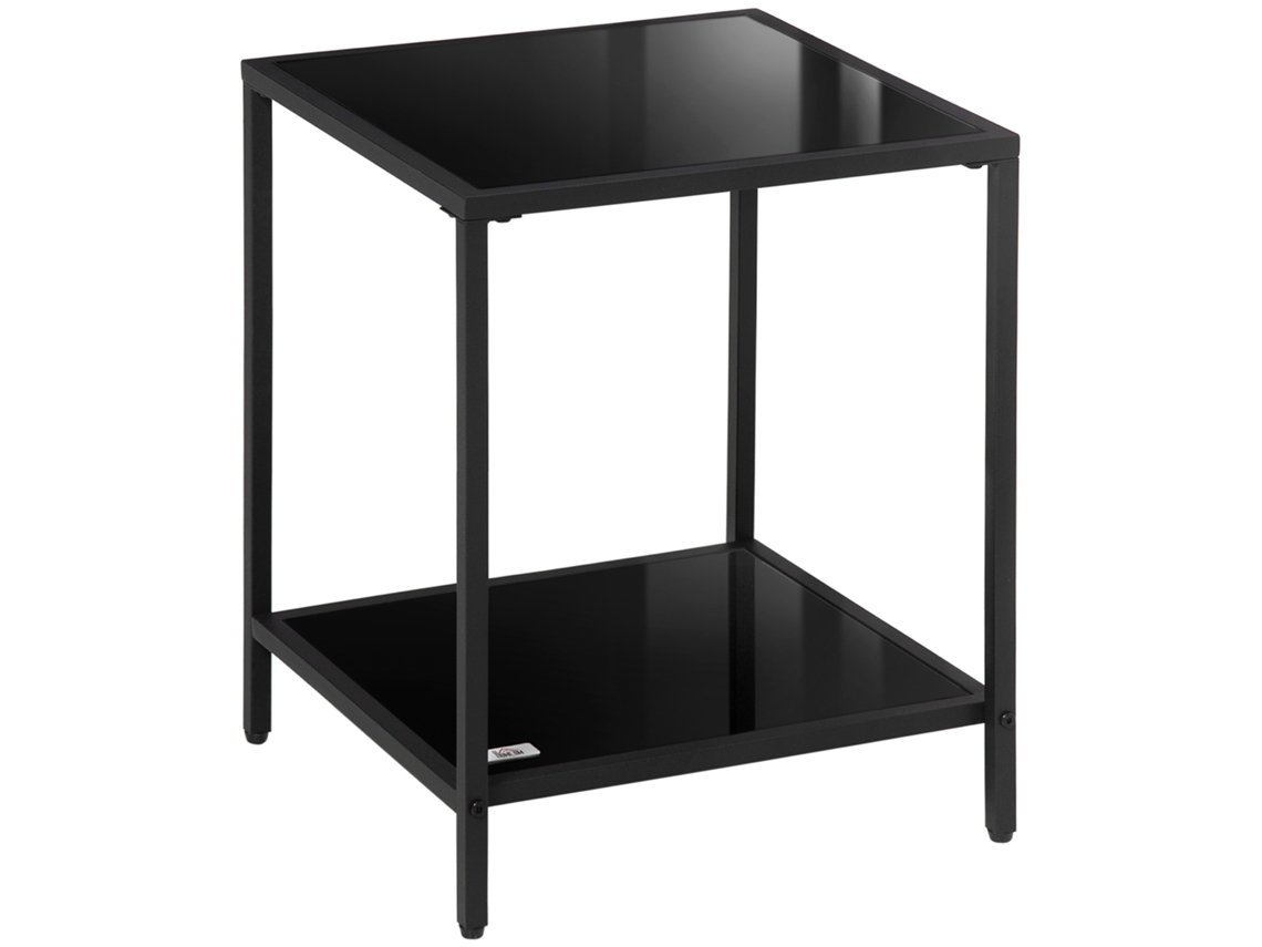 Mesa Lateral Centro 2 Níveis Vidro Aço Preta 40x40x50cm