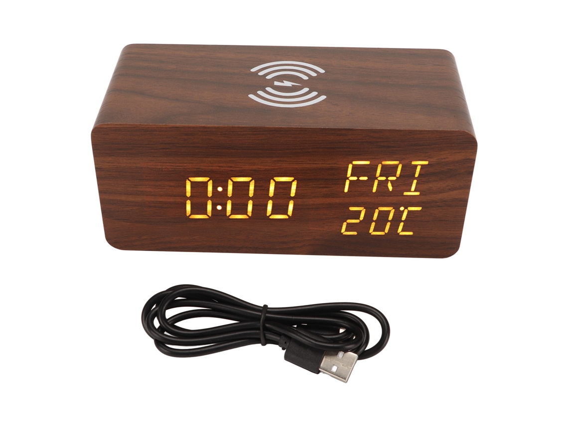 Relógio Despertador Digital de Madeira com Carregamento Sem Fio e Display Led Amarelo Ajustável