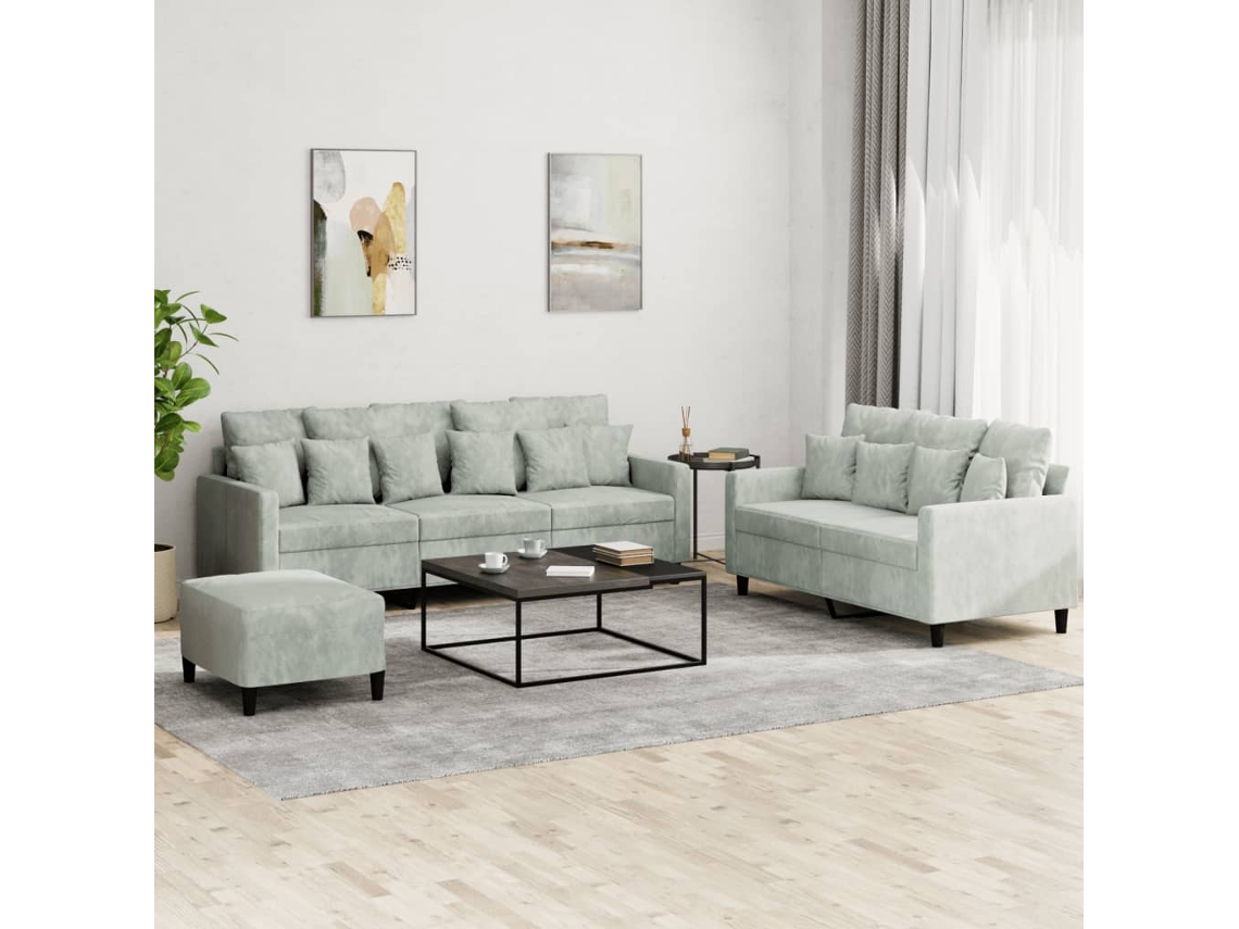 Vidaxl 3 Pcs Conjunto De Sofás Com Almofadões Veludo Cinzento-claro