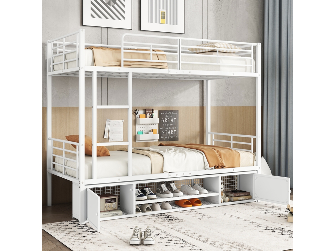 Cama De Ferro 90x200cm Branca Com Escada E Proteção Antiqueda Para Crianças