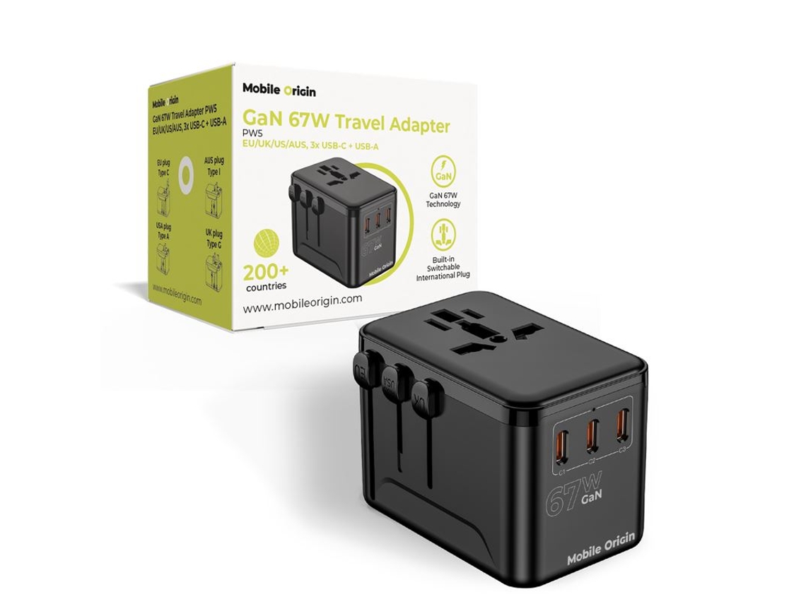 Adaptador de Viagem MOBILE ORIGIN Gan 67w para iPhone Magsafe com 3 Portas Usb c + Usb a | MOBILE ORIGIN