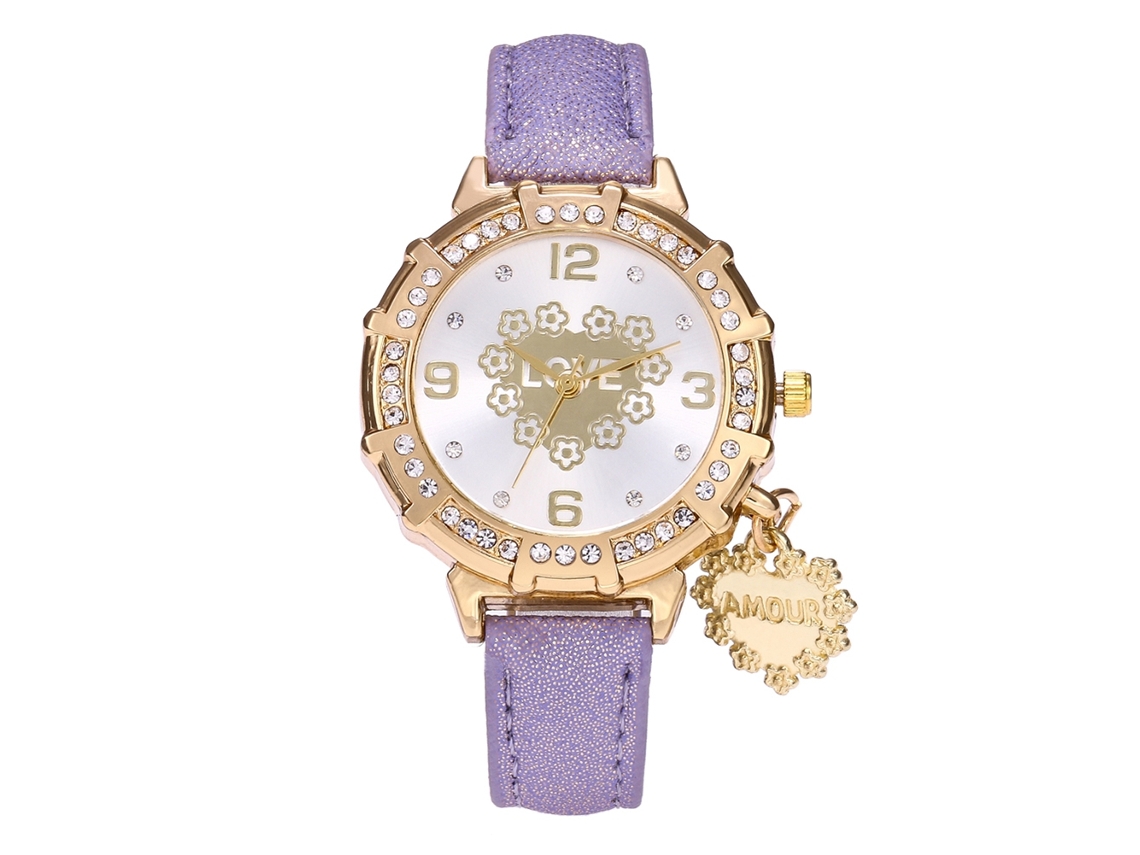 Relógio de Pulso Feminino com Pingente Coração Strass Cinto de Couro Pu Roxo