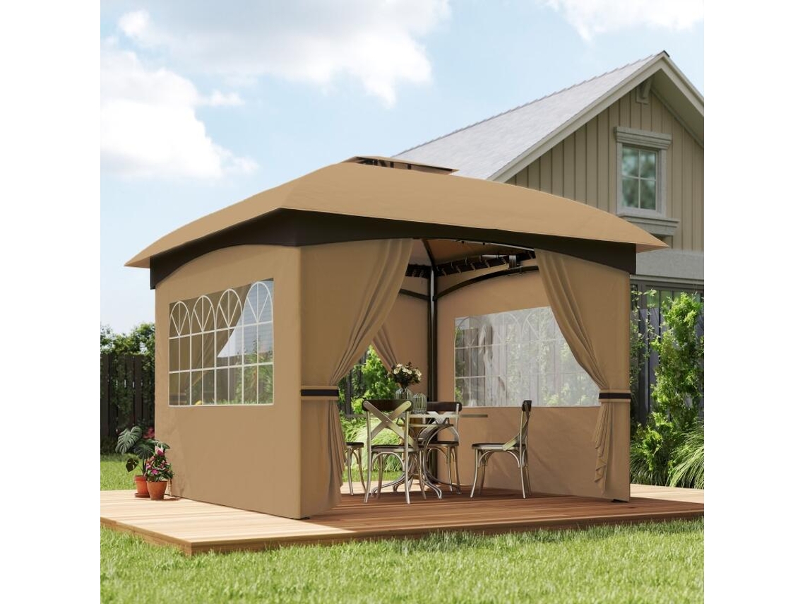 Gazebo de jardim 3,4x3,4m com paredes, proteção UV e telhado duplo bege