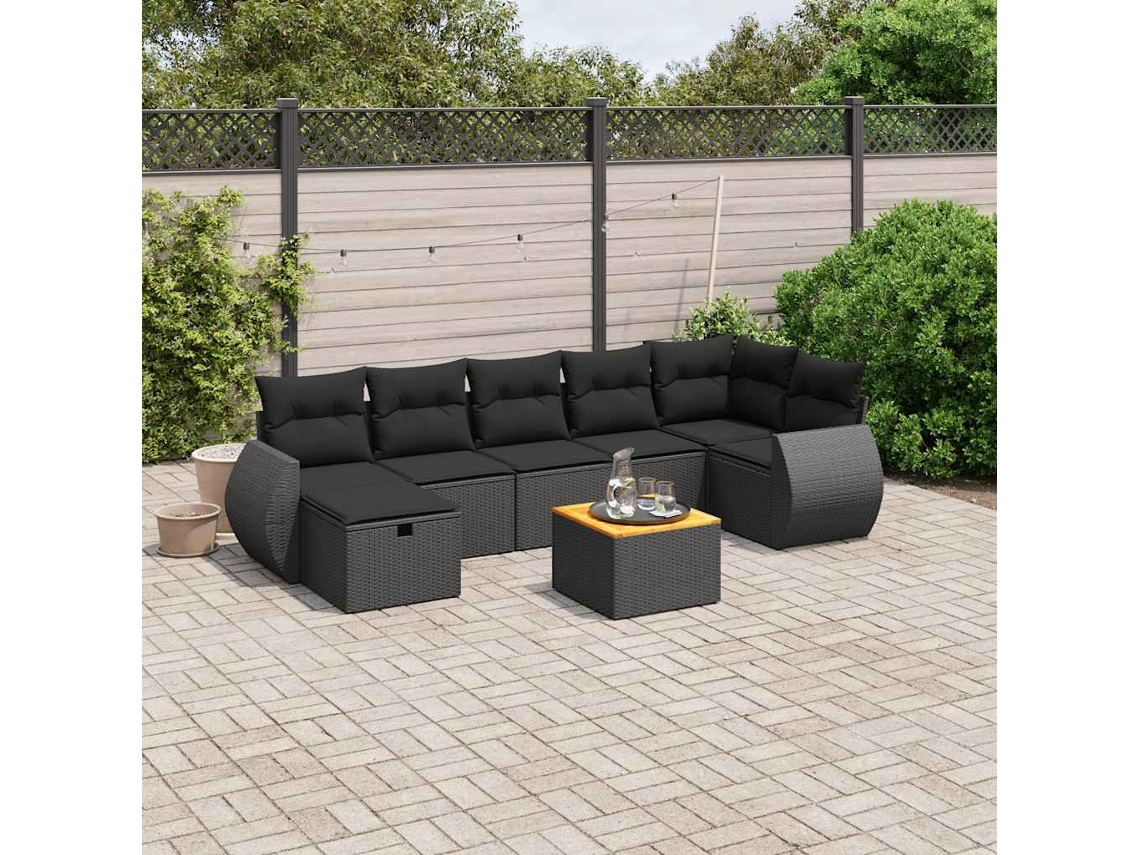 Vidaxl 8 Pcs Conjunto Sofás De Jardim Com Almofadões Vime Pe Preto