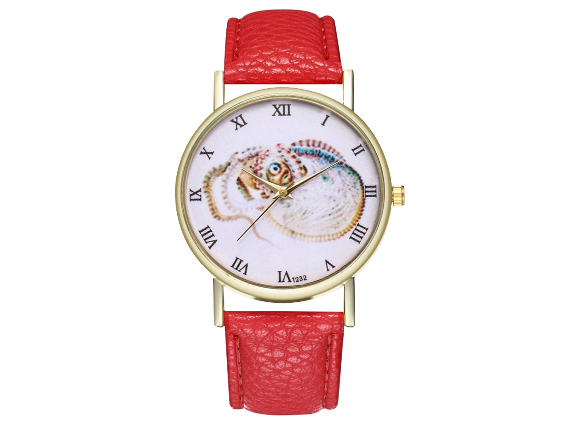 Relógio de pulso vintage de quartzo para mulheres e homens com pulseira de couro PU vermelha com estampa animal.