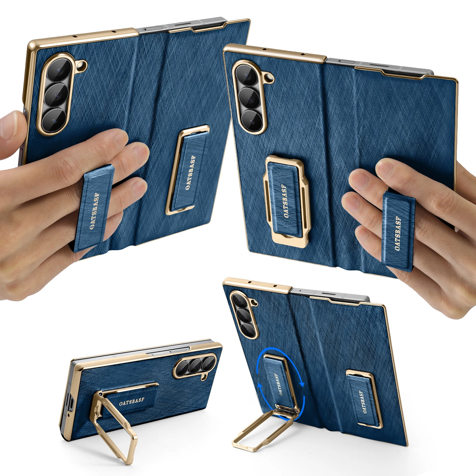 Capa Para Celular (azul Galaxy Z Fold 7) Em Couro Genuíno Com Suporte Giratório De 360° E Alça De Pulso Magnética Dupla.
