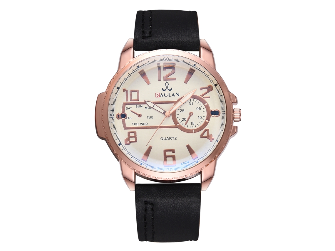 Relógio masculino de quartzo com caixa em ouro rosa e pulseira de PU preta.
