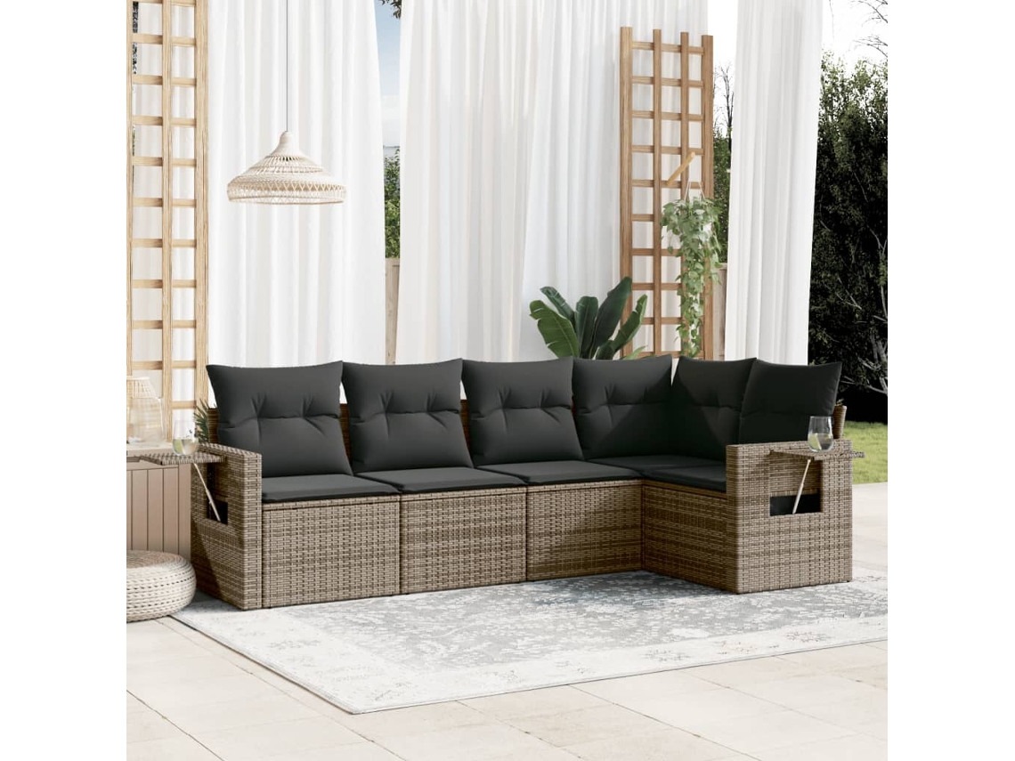 Vidaxl 5 Pcs Conjunto Sofás De Jardim C/ Almofadões Vime Pe Cinzento