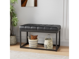Banco Vintage 91cm Couro Capitonê Metal Industrial Preto VELTRIX