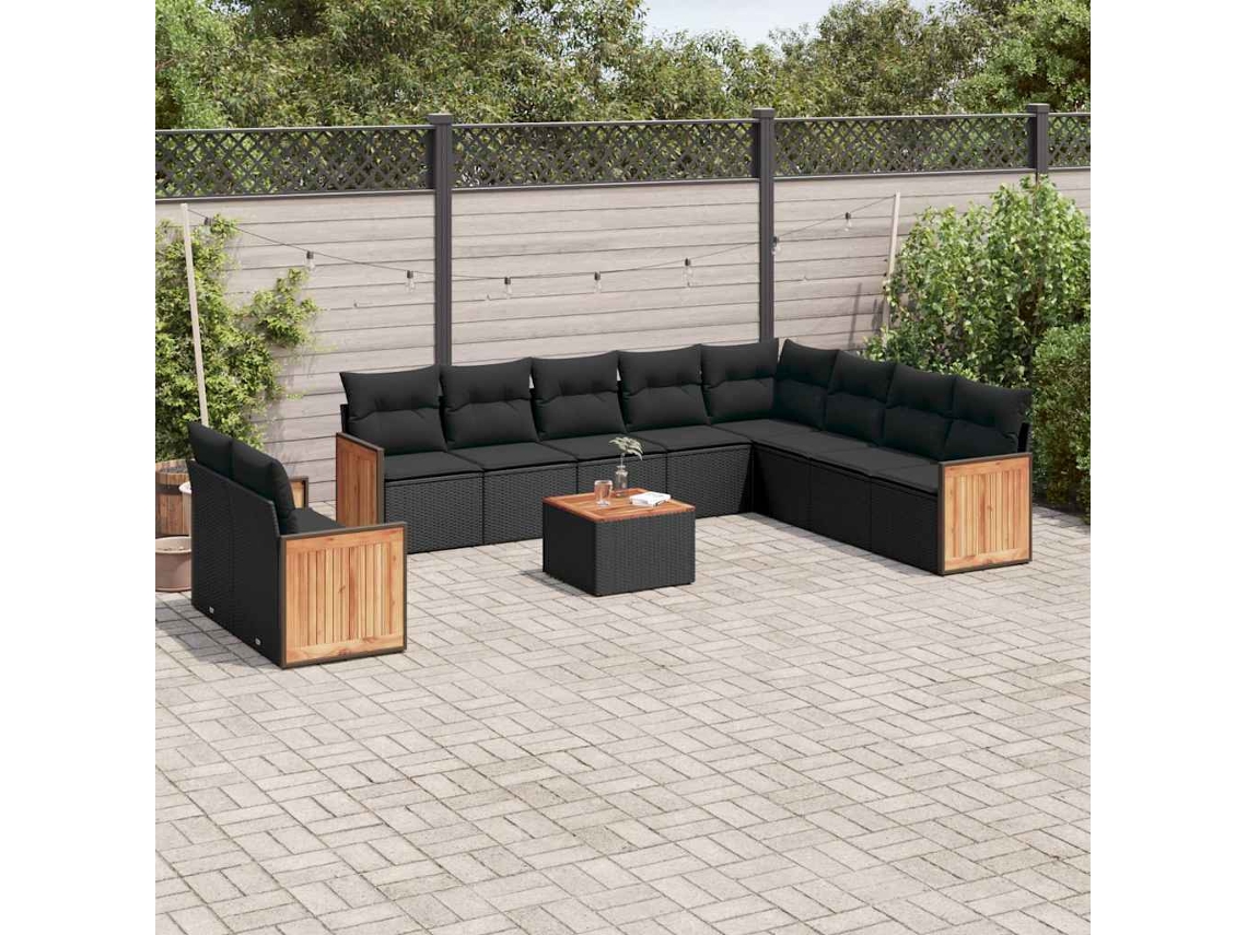 Vidaxl 11 Pcs Conjunto Sofás De Jardim C/ Almofadões Vime Pe Preto
