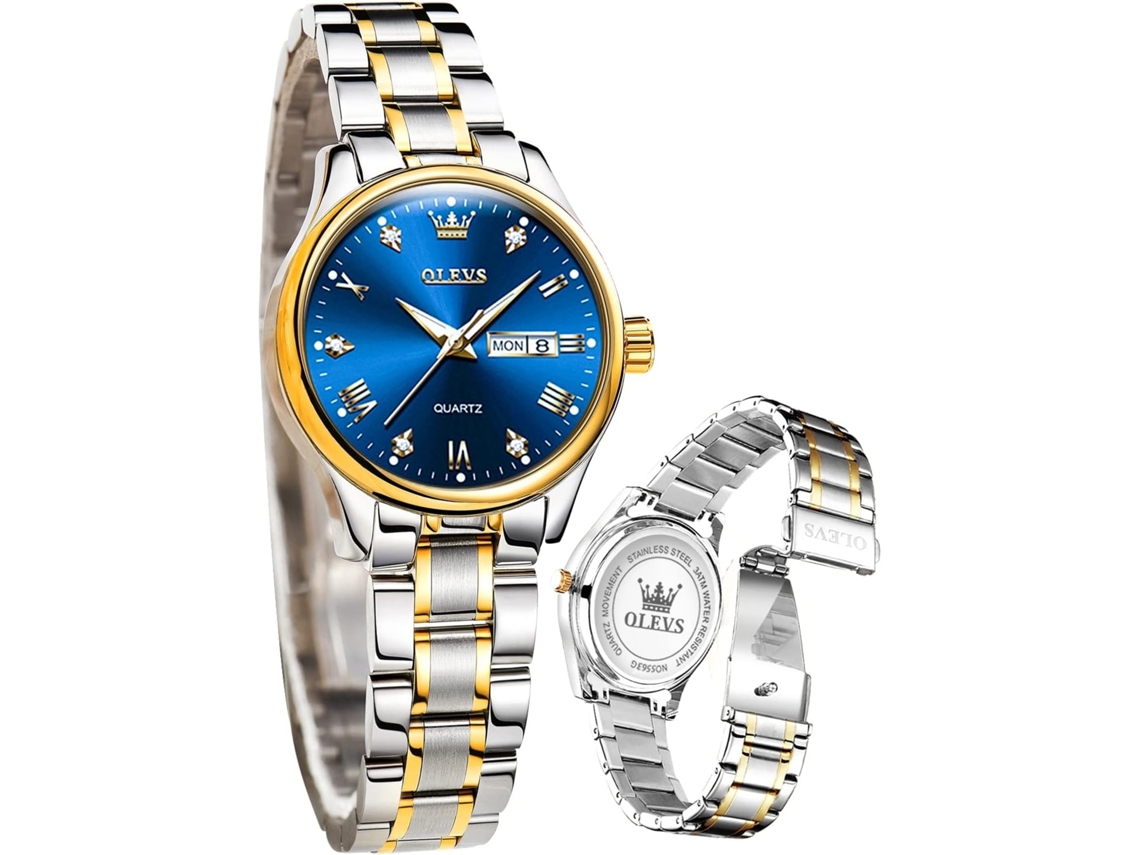 Lurelia Relógio Feminino, Movimento De Quartzo, Analógico, Data/calendário, Luminoso, Duplo Fuso/mostrador, Detalhes Com Strass, Aço Inoxidável, Azul