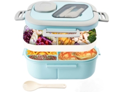 Marmita Bento Grande Para Adultos Com Recipiente Para Salada E Bandeja Para Recheios Estilo, Inclui Garfo Reutilizável, Azul