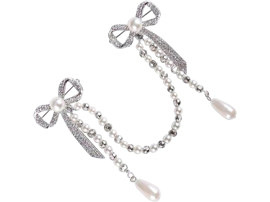 Broche Feminino Em Liga De Prata Com Pérola E Corrente, Design Elegante Com Nó, Fácil De Usar.