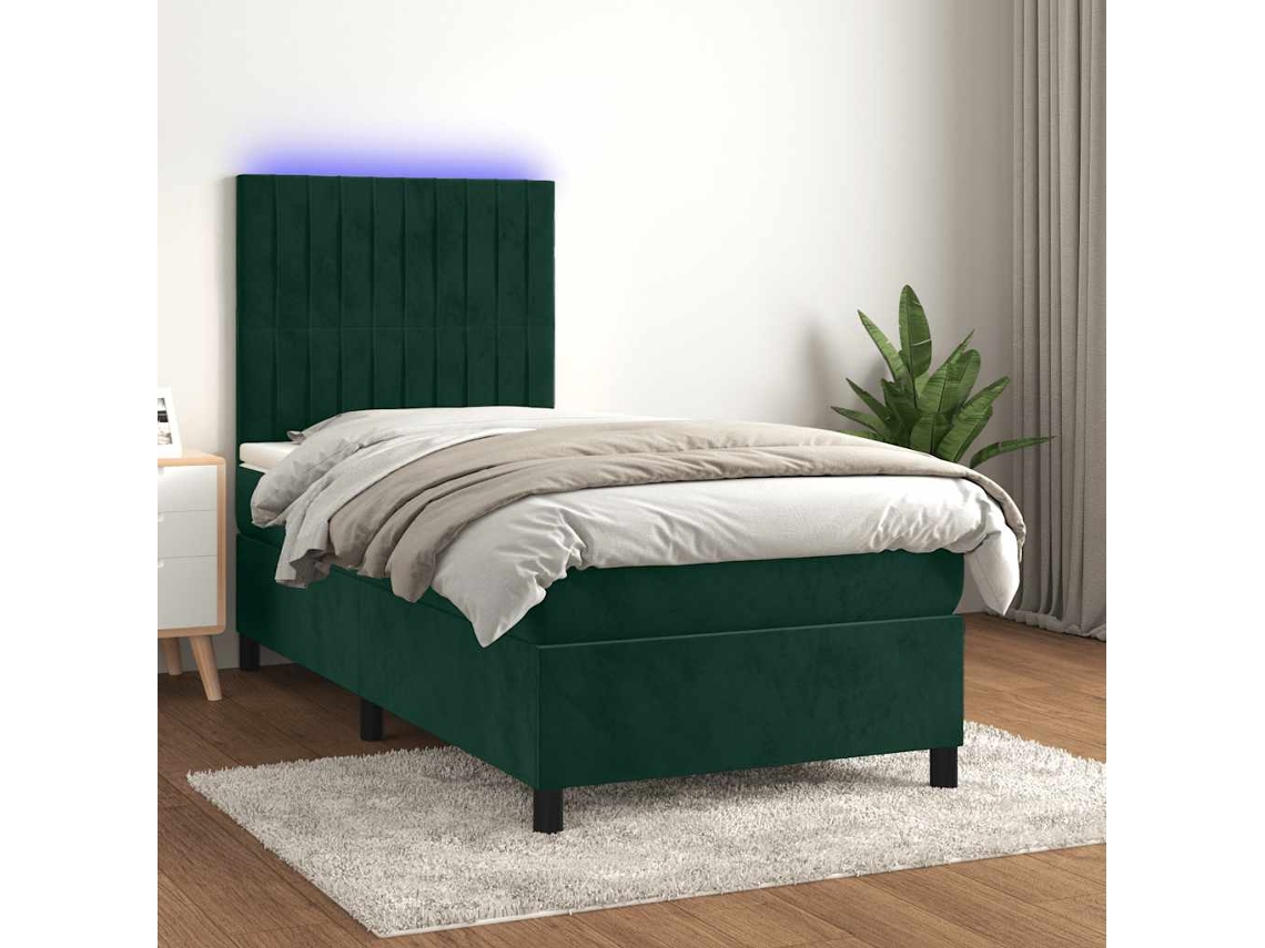 Vidaxl Cama Box Spring C/ Colchão/led 100x200 Cm Veludo Verde-escuro
