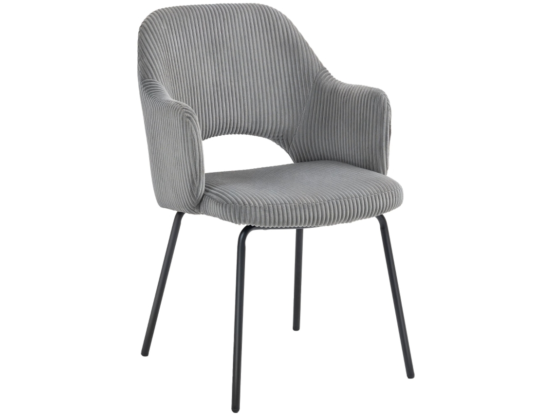 Silla de comedor, tapizada en terciopelo pana, forma de concha, patas de metal, cojín para los pies, color gris.