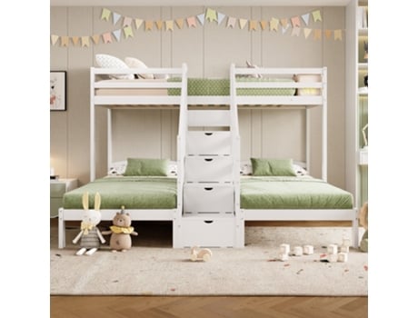 Cama Infantil Suspensa 90x200cm Com 3 Camas, Escada Com Armazenamento, Branco (240x205x163cm)