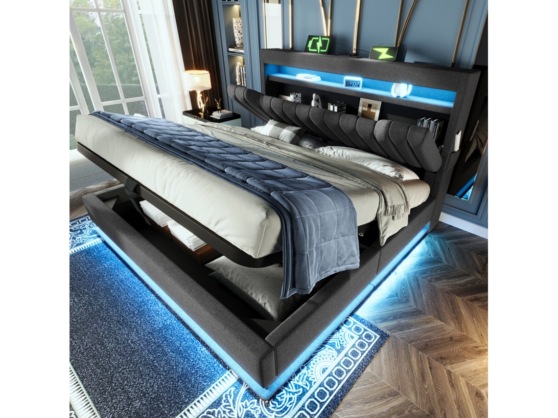 Cama Casal 140x190cm Com Armazenamento Usb Tipo-c Led Cinza Linho