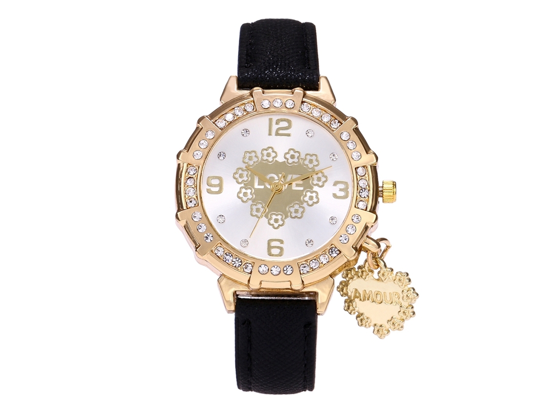 Relógio de Pulseira Feminino com Pingente Coração e Pedras Strass em Couro Pu Preto