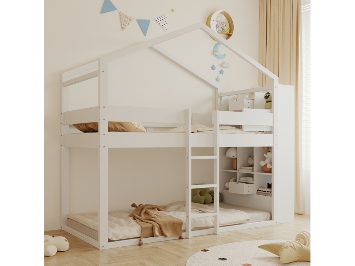 Cama 90x200cm 2 Camadas Armazenamento En747 Madeira Pinheiro Branca