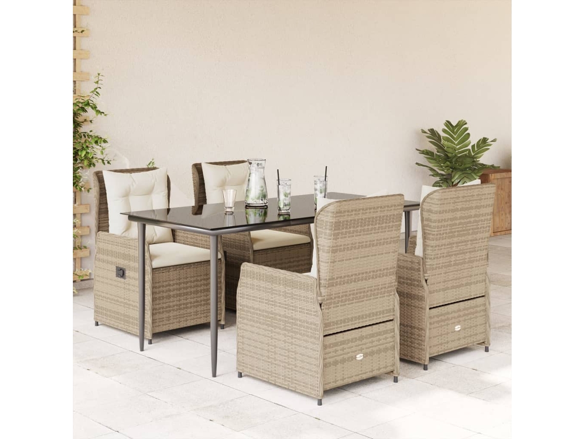 Vidaxl 5 Pcs Conjunto De Jantar P/ Jardim Com Almofadões Vime Pe Bege