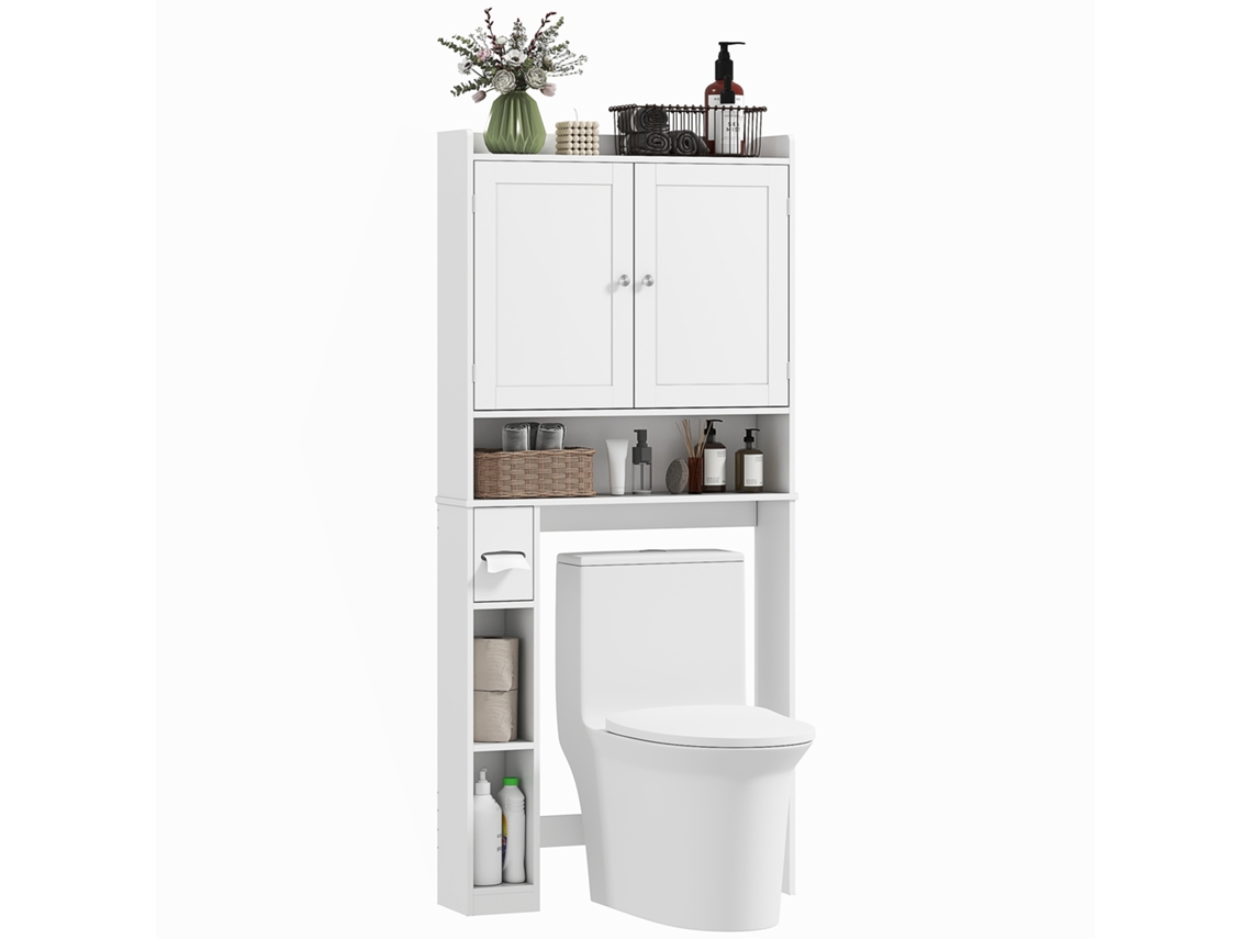 Meuble Wc Dessus De Toilette Ou Machine À Laver, 2 Portes, 3 Compartiments, Porte-papier Toilette, 80x19,5x170cm, Blanc