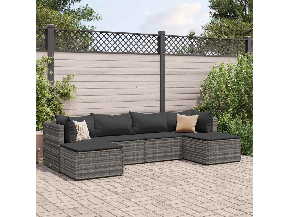Vidaxl 6 Pcs Conjunto Lounge De Jardim C/ Almofadões Vime Pe Cinzento