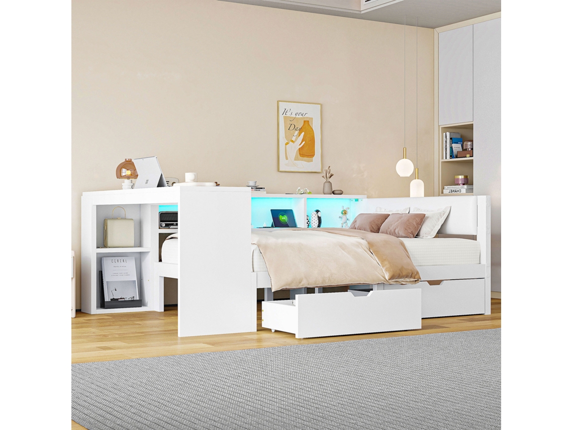 Cama Plataforma 140x200 Com Arrumação, Gavetas, Estação De Carregamento E Led Branco Mobrio