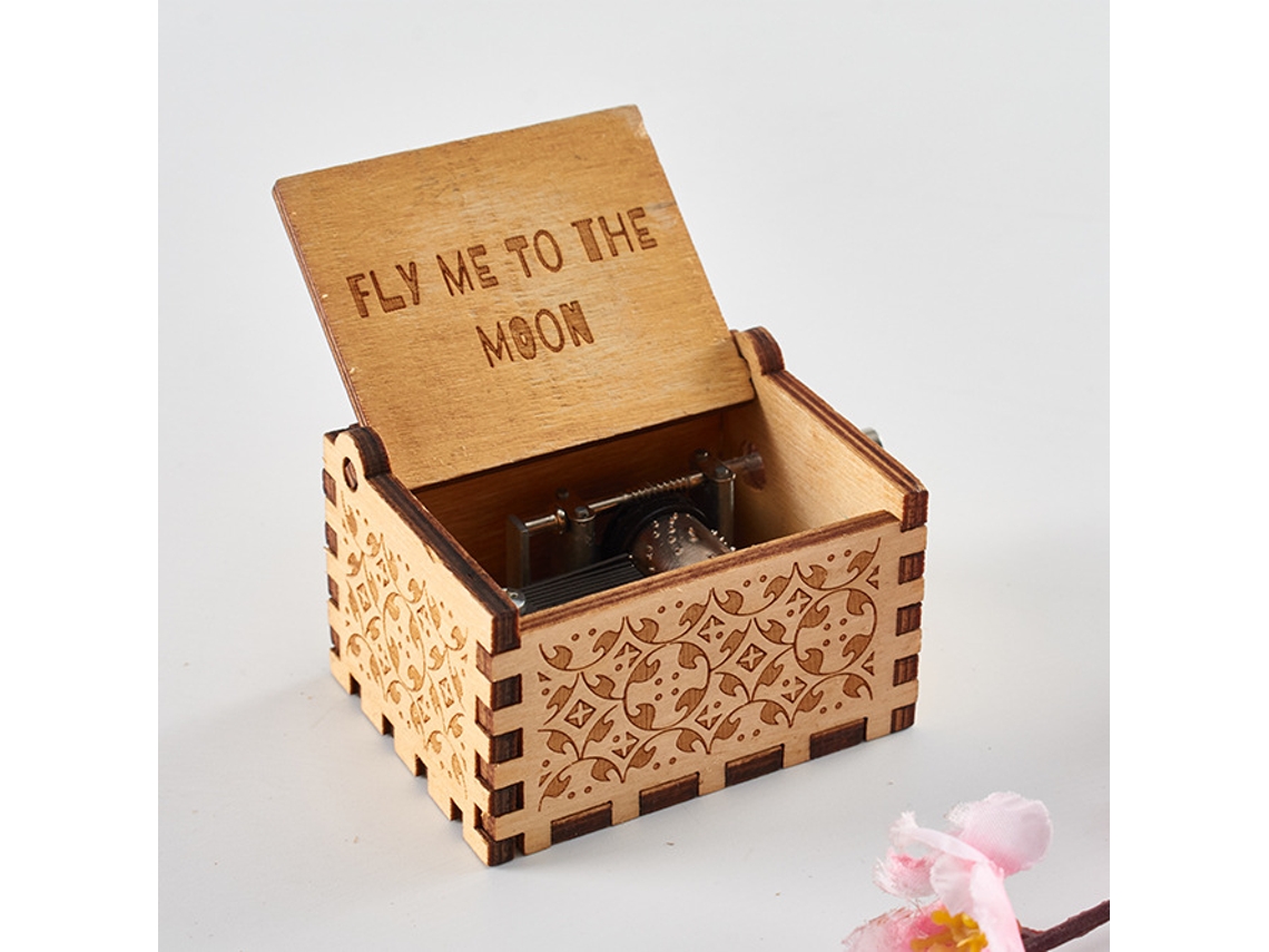 Caixa de Música Artesanal em Madeira com Manivela Inspirada na "Run to The Moon" em Cores Primárias AQUAFORGE (6,4x5,2x4,2 cm)