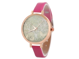 Relógio Feminino Coreano Moda Pulseira de Couro Quartzo Rosa Redondo Analógico