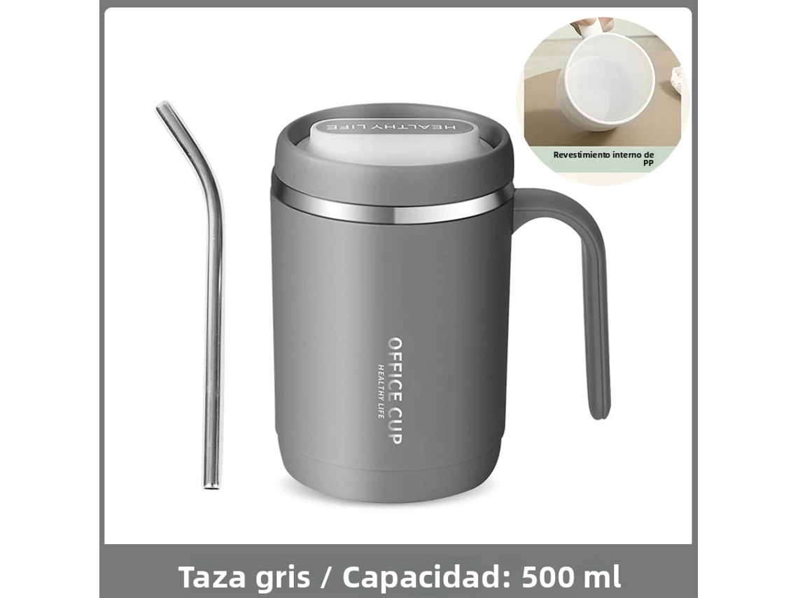 Caneca de Café Portátil com Tampa e Canudo, 500ml, Material Pp, À Prova de Vazamentos. MDUG (cinza)