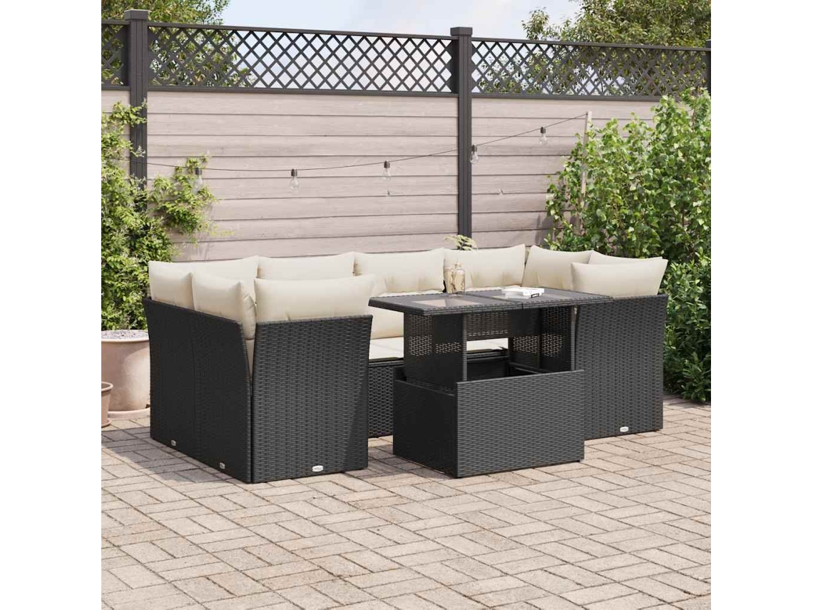 Vidaxl 7 Pcs Conjunto De Sofás P/ Jardim C/ Almofadões Vime Pe Preto